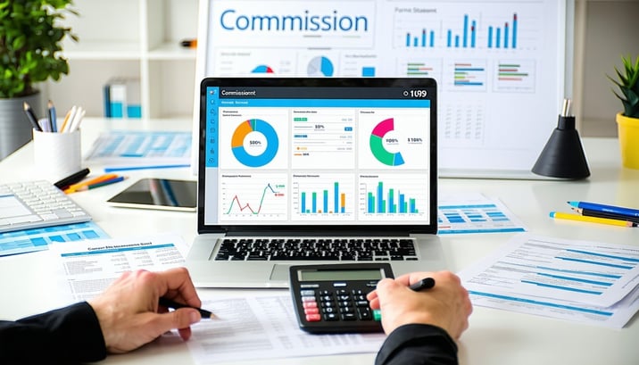 A modern office desk with a laptop open to a clean colorful dashboard showing commission data bar charts pie charts and payout summaries Papers labeled Carrier Statement and 1099 Form are on the desk with one hand using a calculator and another point-1
