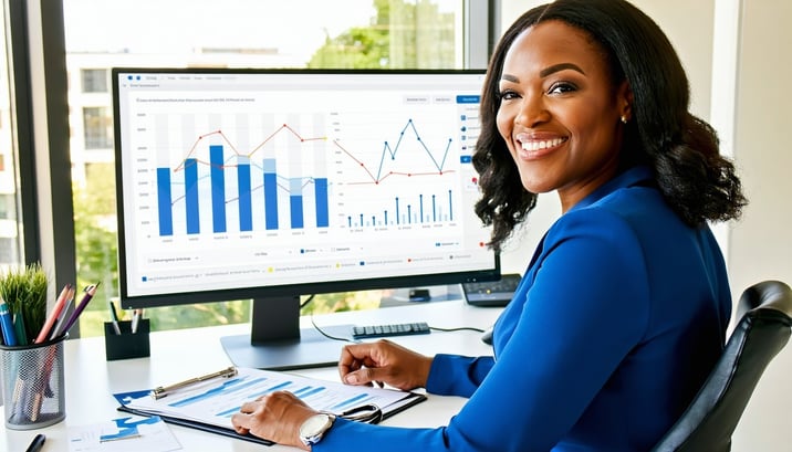 A professional health insurance agent sitting at a desk smiling confidently while reviewing financial charts or commission reports on a computer screenA graph or dashboard on the screen showcasing upwardtrending earnings representing commission growt