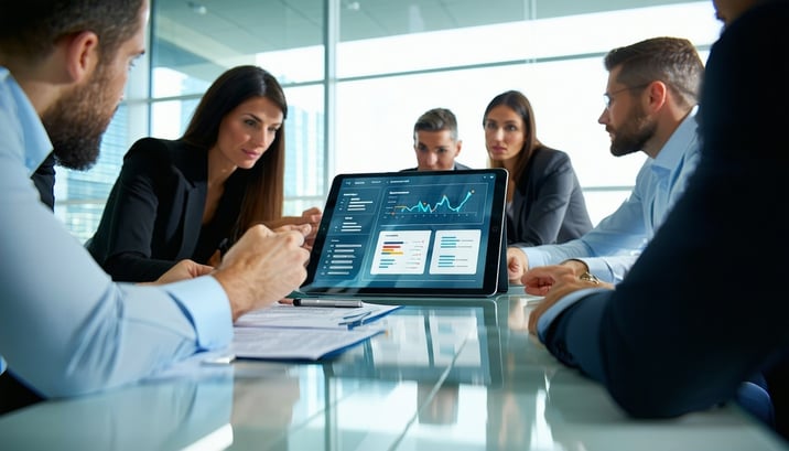 In a sleek modern conference room bathed in soft diffused daylight a team of insurance professionals huddles around a polished table their expressions focused and intent The camera captures a closeup of a compliance checklist and a digital commission-1