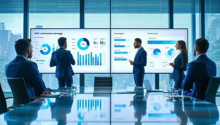 In a sleek modern office bathed in soft ambient light a group of health insurance professionals stands at the forefront deeply engaged in a strategic discussion about financial planning and commission management Their focus is drawn to a large screen