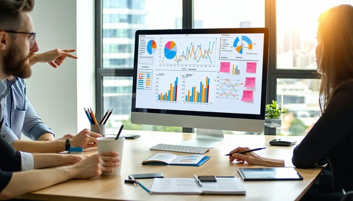 The image depicts a modern office environment featuring a sleek desk with a computer displaying financial graphs and charts related to insurance commissions On the desk a notepad with handwritten notes about admin fees and commission structures lies