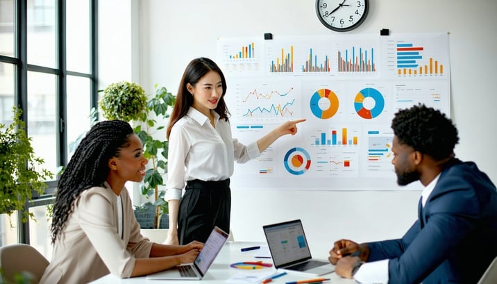 The image depicts a sleek modern office environment where a diverse group of professionals is engaged in a collaborative meeting A large whiteboard is filled with colorful charts and graphs illustrating commission tracking data In the foreground a wo