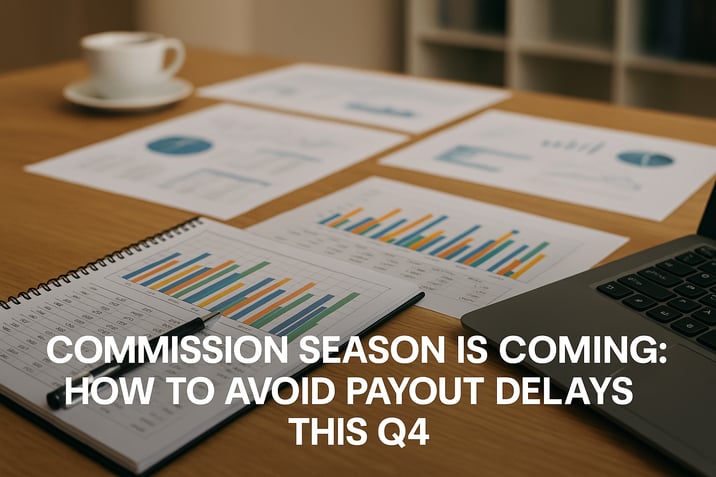A desk with financial charts, a laptop, and a notebook showing colorful bar graphs, symbolizing year-end commission tracking and payout preparation for Q4.