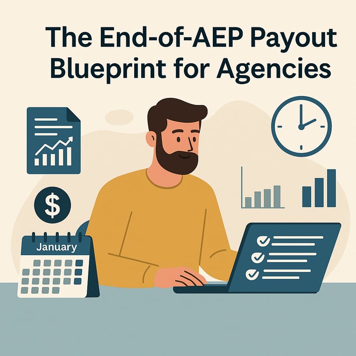 A sleek animated scene showing an office desk with floating digital commission reports, dynamically updating charts, and glowing checkmarks appearing as tasks are completed. Subtle movement of papers and a calendar marking January emphasizes the year-end payout timing.