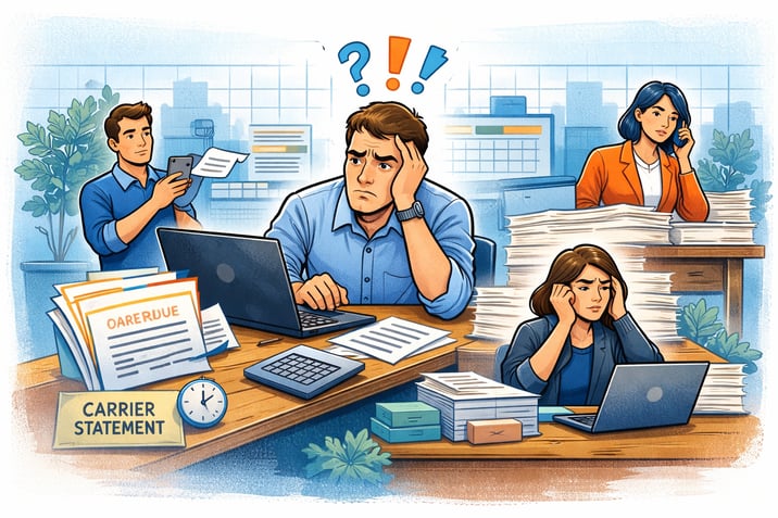 Illustration of an insurance agency office after enrollment, with staff overwhelmed by paperwork and commission tracking tasks, showing post-AEP and OEP operational strain.