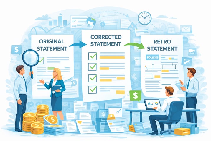 Illustration showing original, corrected, and retro commission statements being reviewed by an insurance agency team.