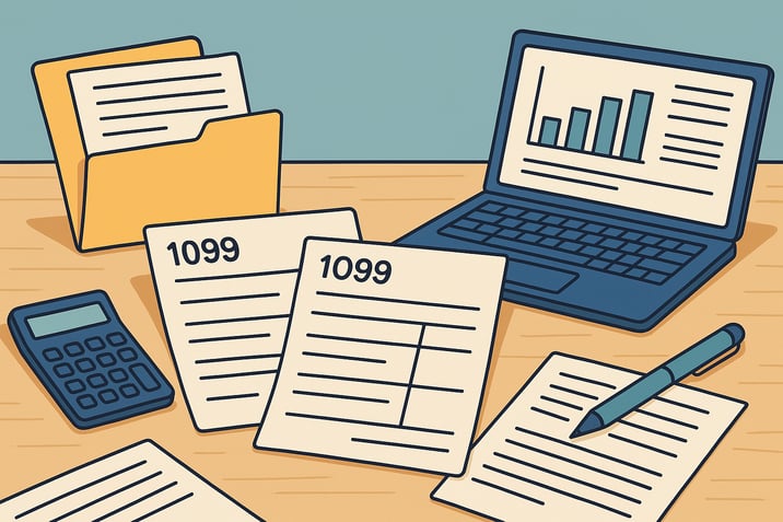 Cartoon illustration of a desk with 1099 forms, a laptop showing a bar chart, a calculator, a file folder, and scattered paperwork, suggesting year end tax preparation.