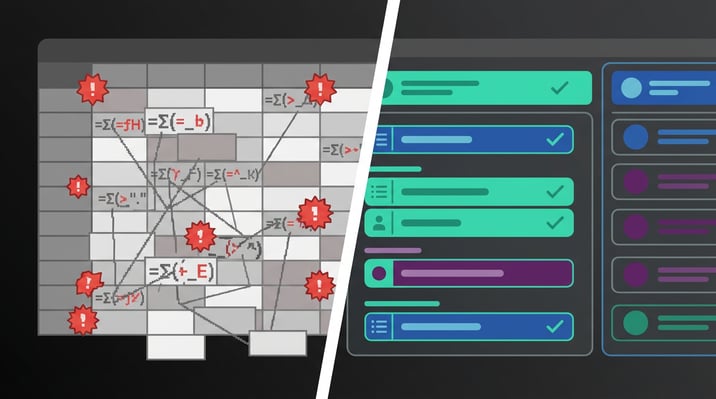 Split illustration comparing a disorganized spreadsheet with error indicators on the left and a clean commission management software dashboard in purple, teal, and blue on the right, representing the difference between manual and automated commission tracking for health insurance agencies.
